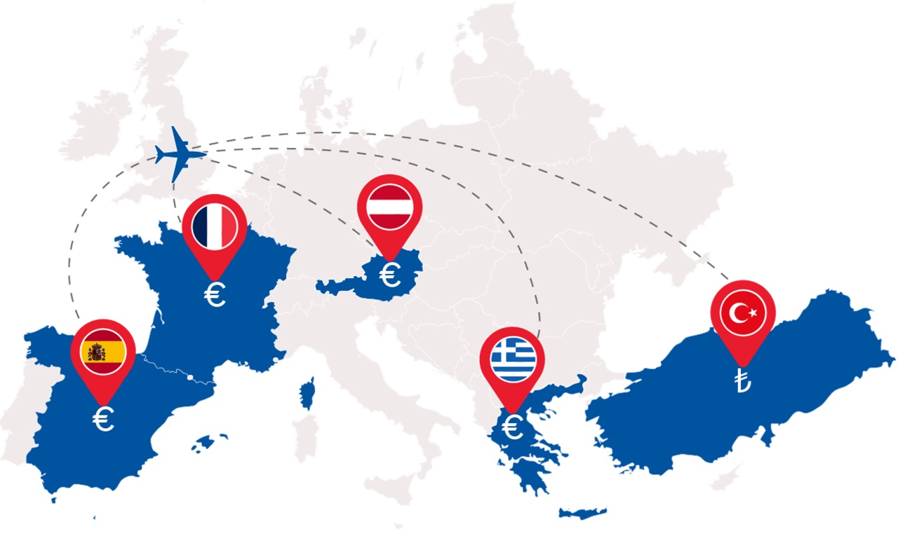 a map of europe showing the top 5 countries where brits are caught short of cash: Spain, Turkey, Greece, France and Austria.