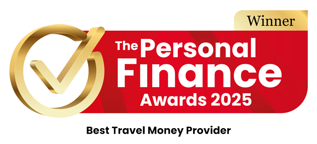 The Personal Finance Awards Best Travel Money Provider winner logo 2025.